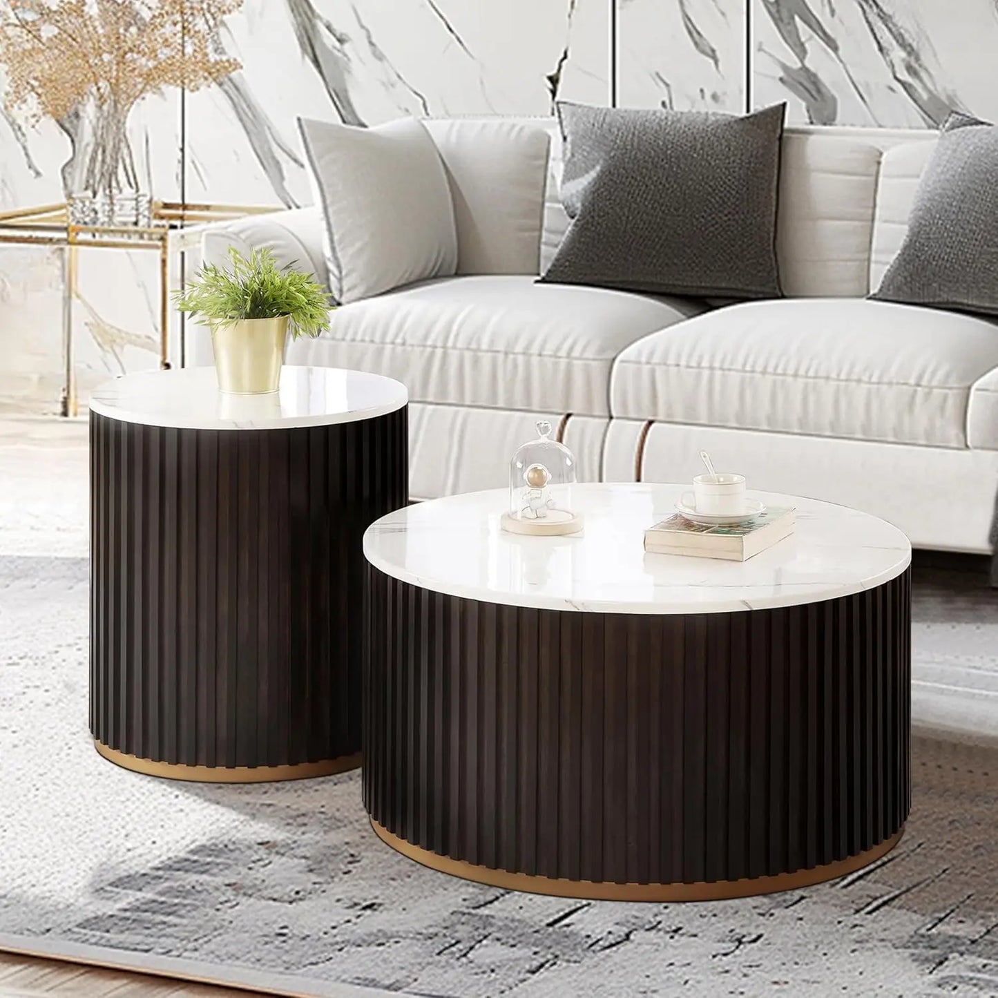 Round Wood Coffee Table Set of 2