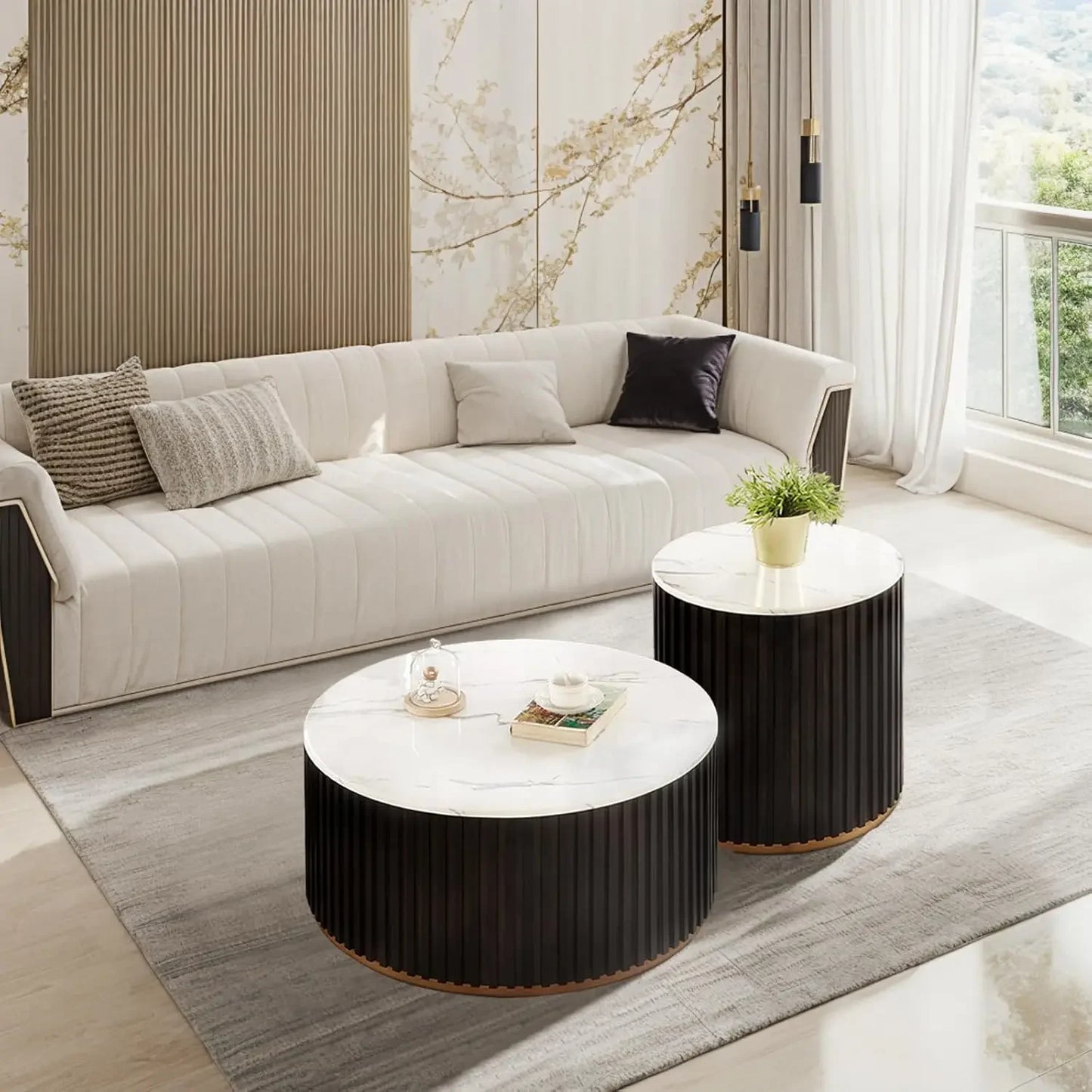 Round Wood Coffee Table Set of 2